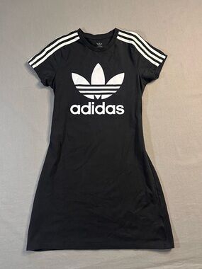 adidas Girls Black Tee Dress with White Trefoil Logo & Stripes